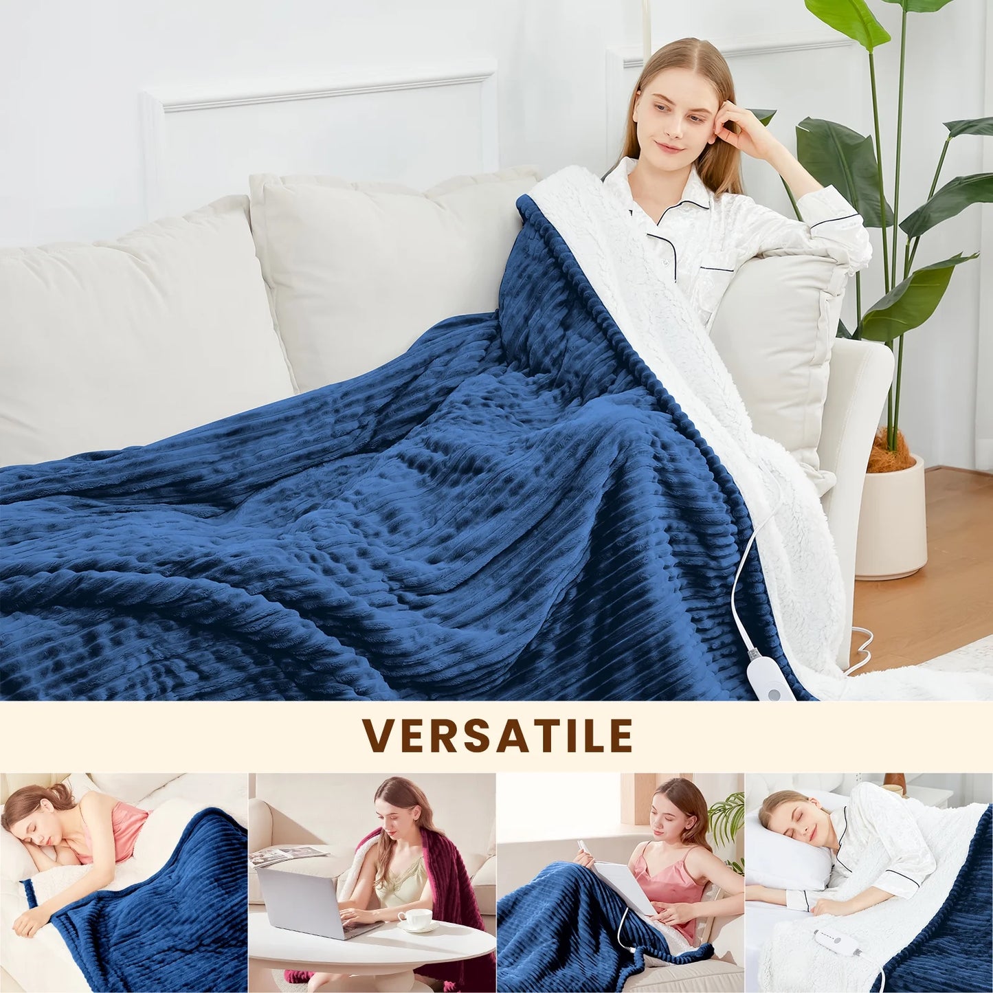 Electric Heated Blanket Full Size Throw with 5 Heat Levels & Auto Shut-Off Flannel & Sherpa for Home Couch, Bed, Office Use, 72"X84", Navy