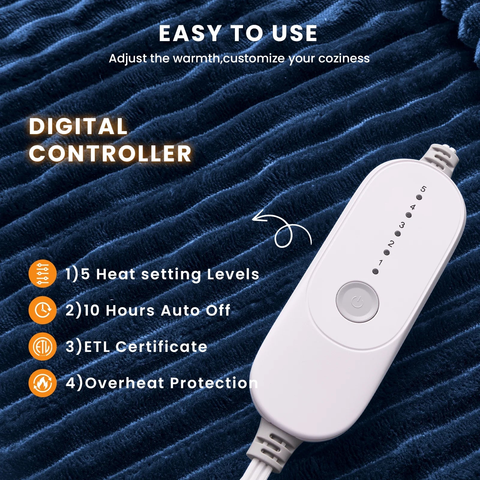 Electric Heated Blanket Full Size Throw with 5 Heat Levels & Auto Shut-Off Flannel & Sherpa for Home Couch, Bed, Office Use, 72"X84", Navy