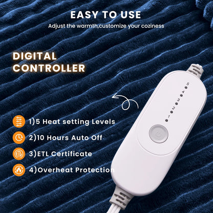 Electric Heated Blanket Full Size Throw with 5 Heat Levels & Auto Shut-Off Flannel & Sherpa for Home Couch, Bed, Office Use, 72"X84", Navy