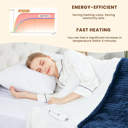 Electric Heated Blanket Full Size Throw with 5 Heat Levels & Auto Shut-Off Flannel & Sherpa for Home Couch, Bed, Office Use, 72"X84", Navy