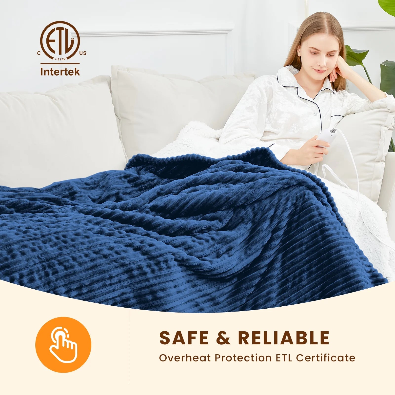 Electric Heated Blanket Full Size Throw with 5 Heat Levels & Auto Shut-Off Flannel & Sherpa for Home Couch, Bed, Office Use, 72"X84", Navy