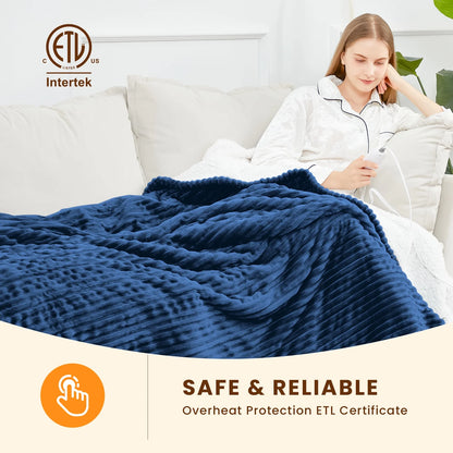 Electric Heated Blanket Full Size Throw with 5 Heat Levels & Auto Shut-Off Flannel & Sherpa for Home Couch, Bed, Office Use, 72"X84", Navy