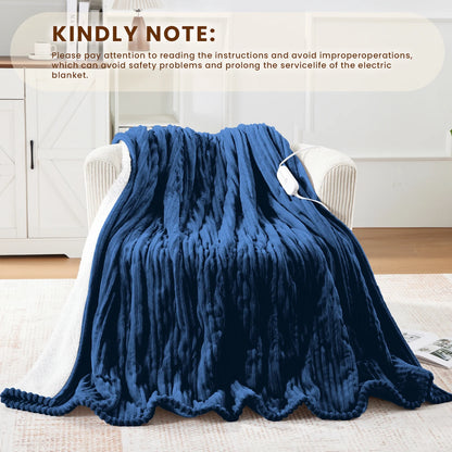 Electric Heated Blanket Full Size Throw with 5 Heat Levels & Auto Shut-Off Flannel & Sherpa for Home Couch, Bed, Office Use, 72"X84", Navy